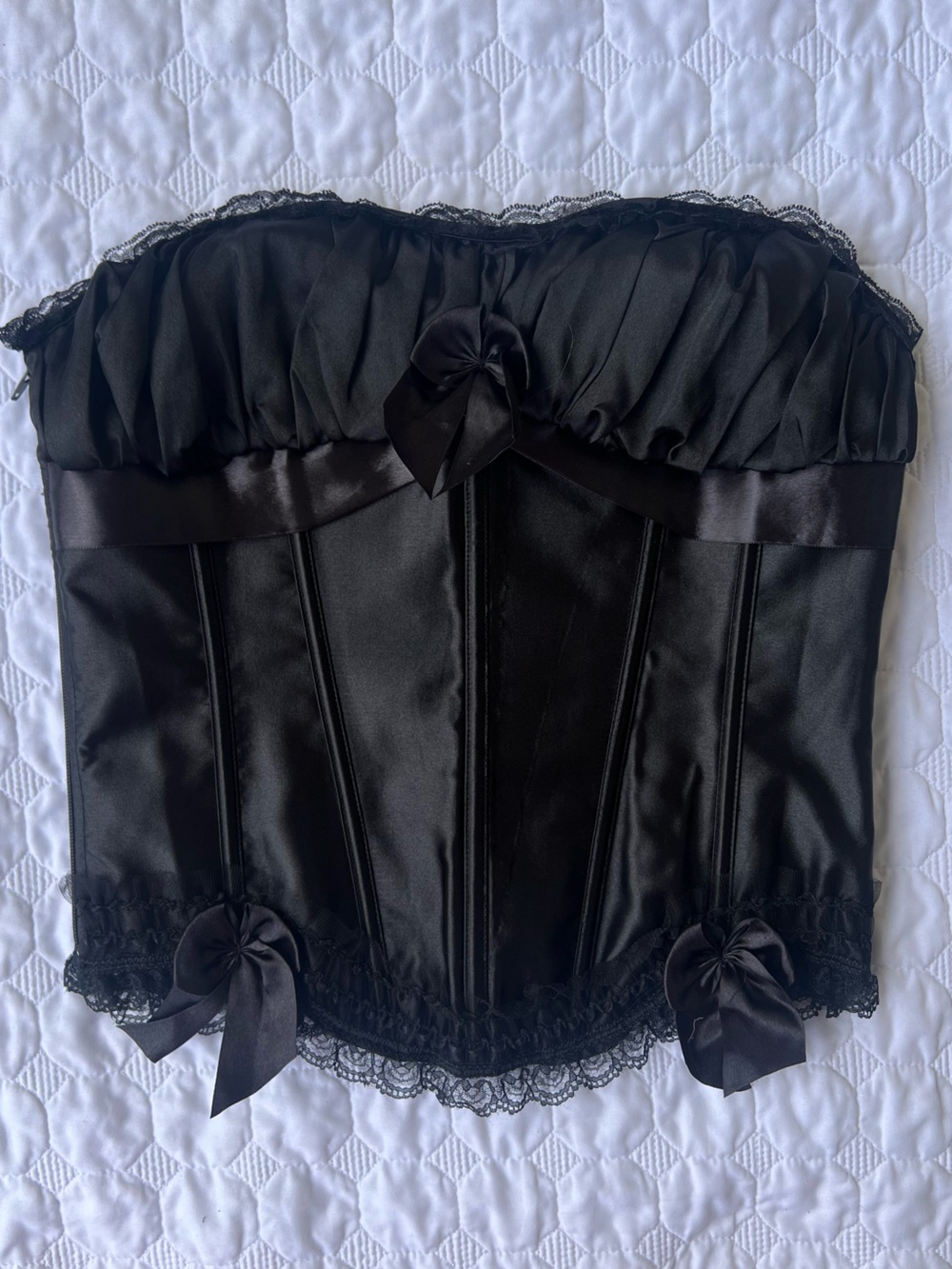 Vintage Satin Black Lace Corset Top - Tie Up Bustier with Zipper - XL Lingerie